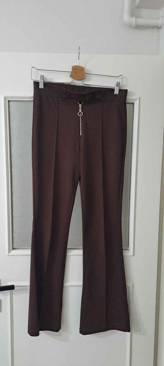 Kadın Kahverengi Fermuarlı Kumaş Pantolon - Görsel 3