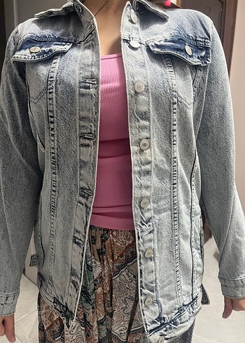 Gri Batik Desenli Kadın Denim Ceket