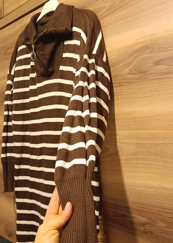 Uzun Kollu Kahverengi Çizgili Triko Elbise - Görsel 7