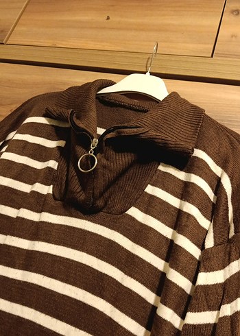 Uzun Kollu Kahverengi Çizgili Triko Elbise - Görsel 8