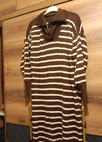 Uzun Kollu Kahverengi Çizgili Triko Elbise - Görsel 5