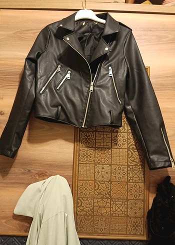 Kadın Siyah Mini Deri Biker Ceket - Görsel 3