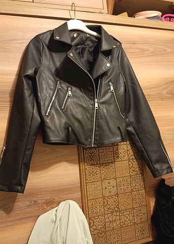 Kadın Siyah Mini Deri Biker Ceket - Görsel 6