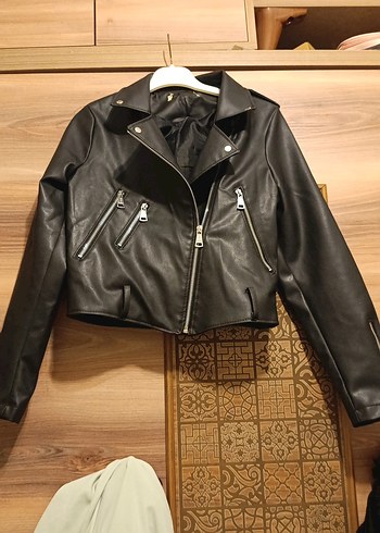 Kadın Siyah Mini Deri Biker Ceket - Görsel 2