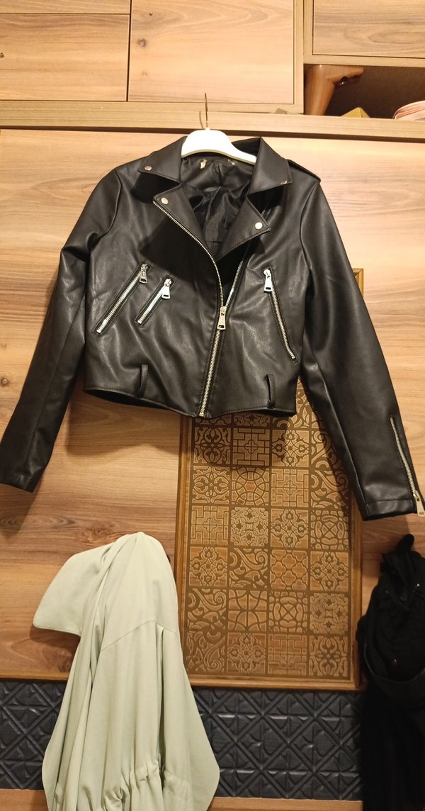 Kadın Siyah Mini Deri Biker Ceket - Görsel 3