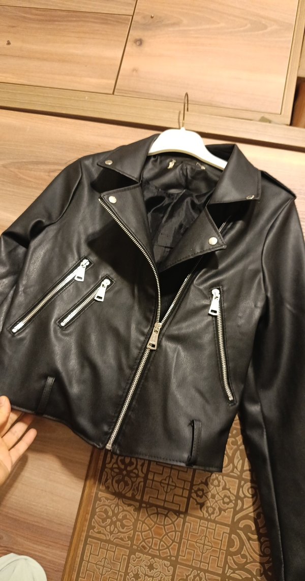 Kadın Siyah Mini Deri Biker Ceket - Görsel 5