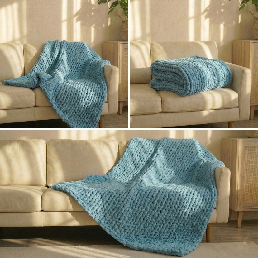 Pastel Mavi Örgü Tv Battaniyesi - Görsel 3