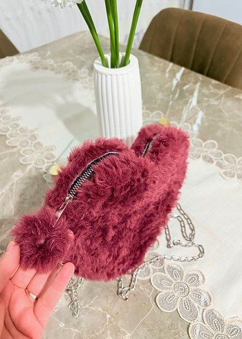 Bordo Kalp Şekilli Peluş çanta - Görsel 2