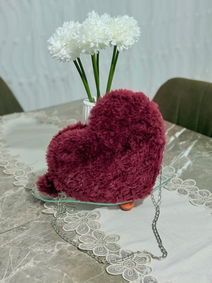 Bordo Kalp Şekilli Peluş çanta - Görsel 3
