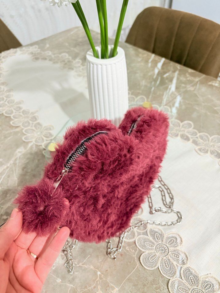 Bordo Kalp Şekilli Peluş çanta - Görsel 2