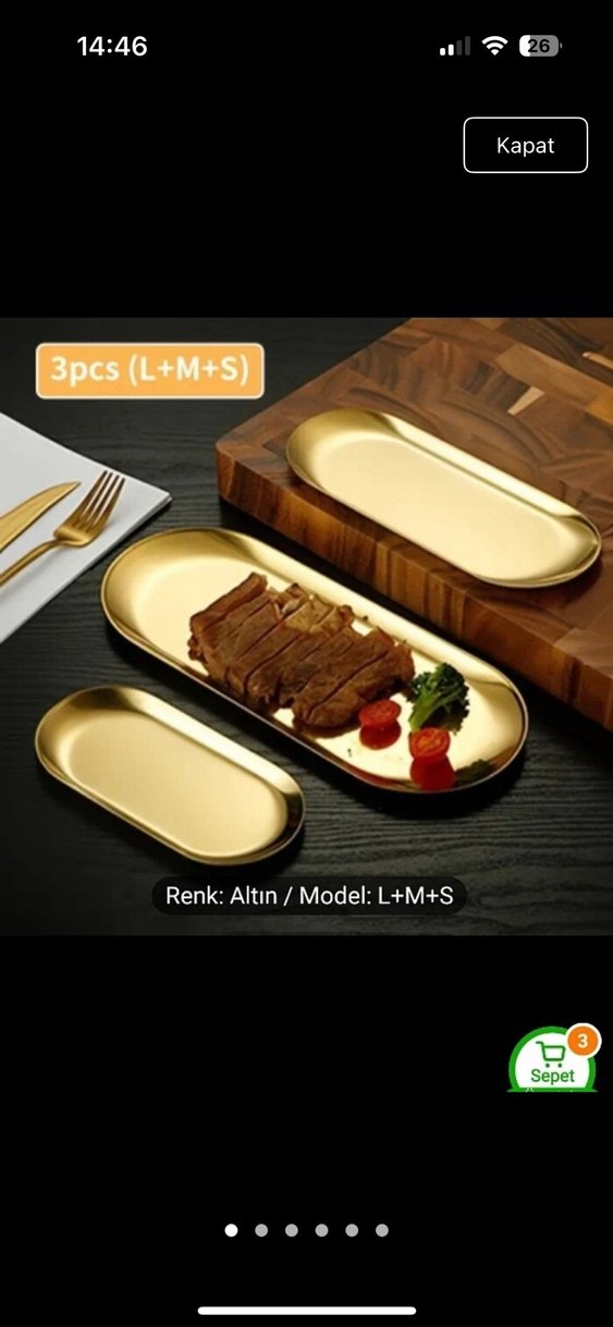 Altın Renk Parlak Dekoratif Tepsi Seti sunumluk - Görsel 4