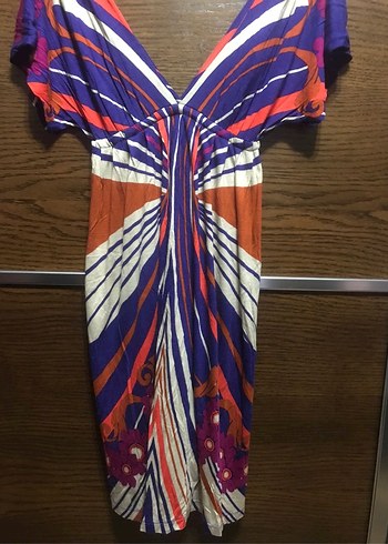 V Yaka Renkli Mango Elbise - Görsel 2