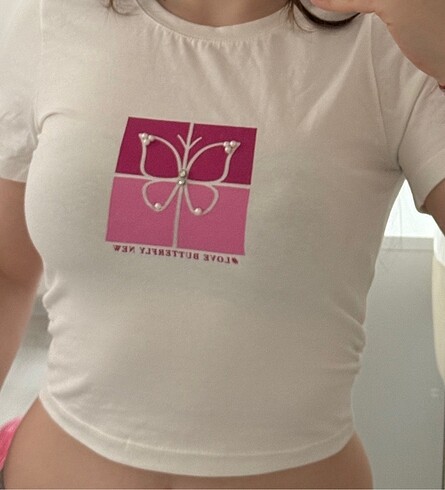 Beyaz pembe tasli incili kelebek body love butterfly new