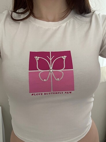 Trendyol & Milla Beyaz pembe tasli incili kelebek body love butterfly new