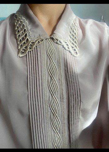 Bej Düğmeli VİNTAGE Uzun Kollu Kadın Gömlek - Görsel 3