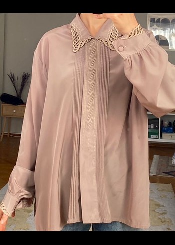 Bej Düğmeli VİNTAGE Uzun Kollu Kadın Gömlek - Görsel 2