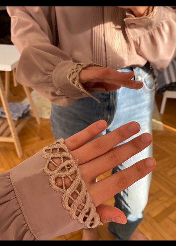 Bej Düğmeli VİNTAGE Uzun Kollu Kadın Gömlek - Görsel 4