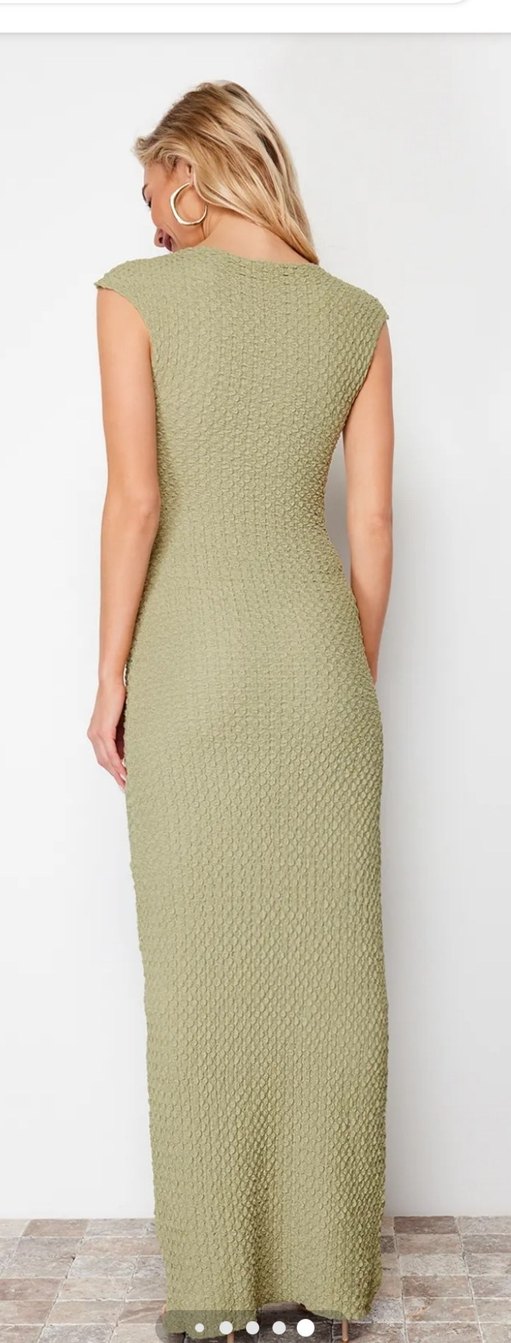 Örgü Kumaşlı V Yaka Kadın Uzun Elbise - Görsel 3