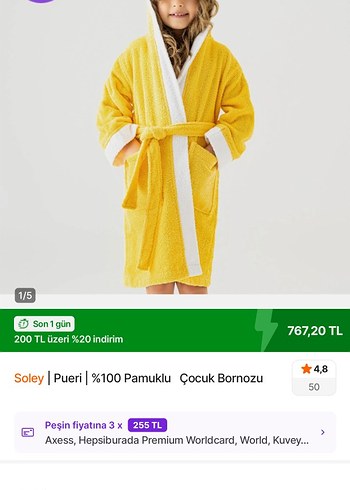 12-14 Yaş Soley Pueri %100 Pamuklu Çocuk Bornozu - Görsel 3