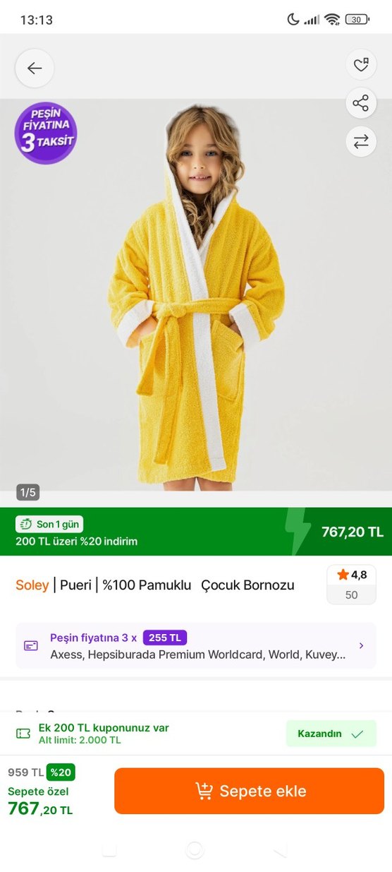 12-14 Yaş Soley Pueri %100 Pamuklu Çocuk Bornozu - Görsel 3