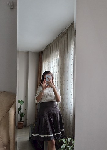 şerit çizgi Detaylı Bej Triko Midi Etek - Görsel 2