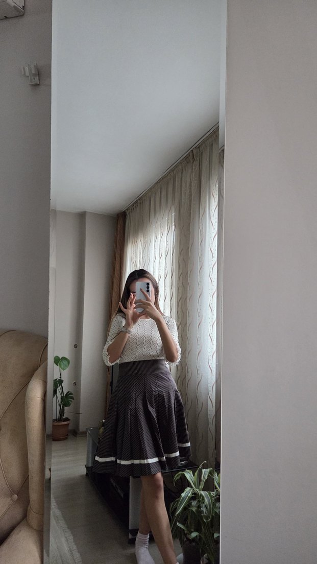 şerit çizgi Detaylı Bej Triko Midi Etek - Görsel 2