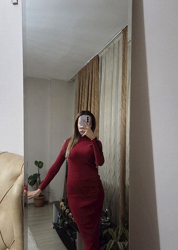 Bordo Yüksek Yakalı Midi Triko Elbise - Görsel 2