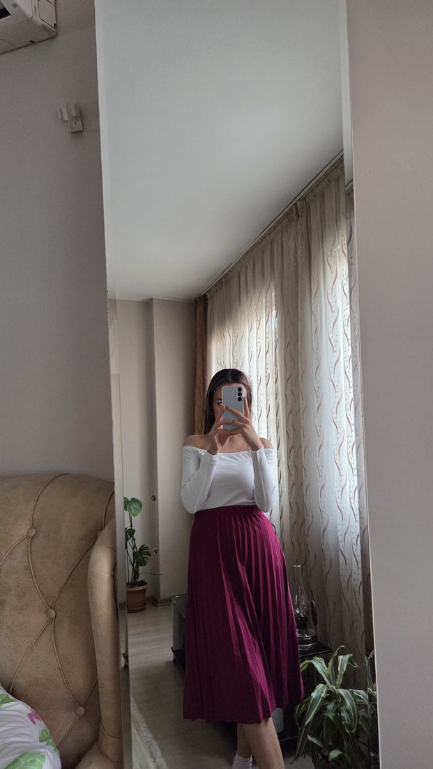 Bordo Midi Kadın Uzun Etek - Görsel 2