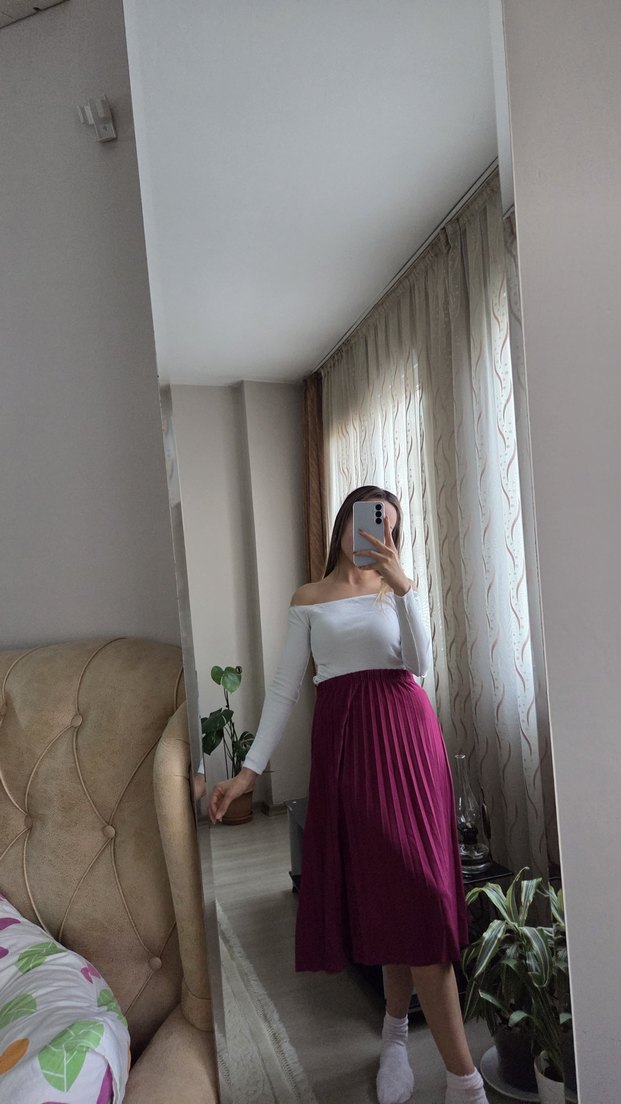 Bordo Midi Kadın Uzun Etek - Görsel 3