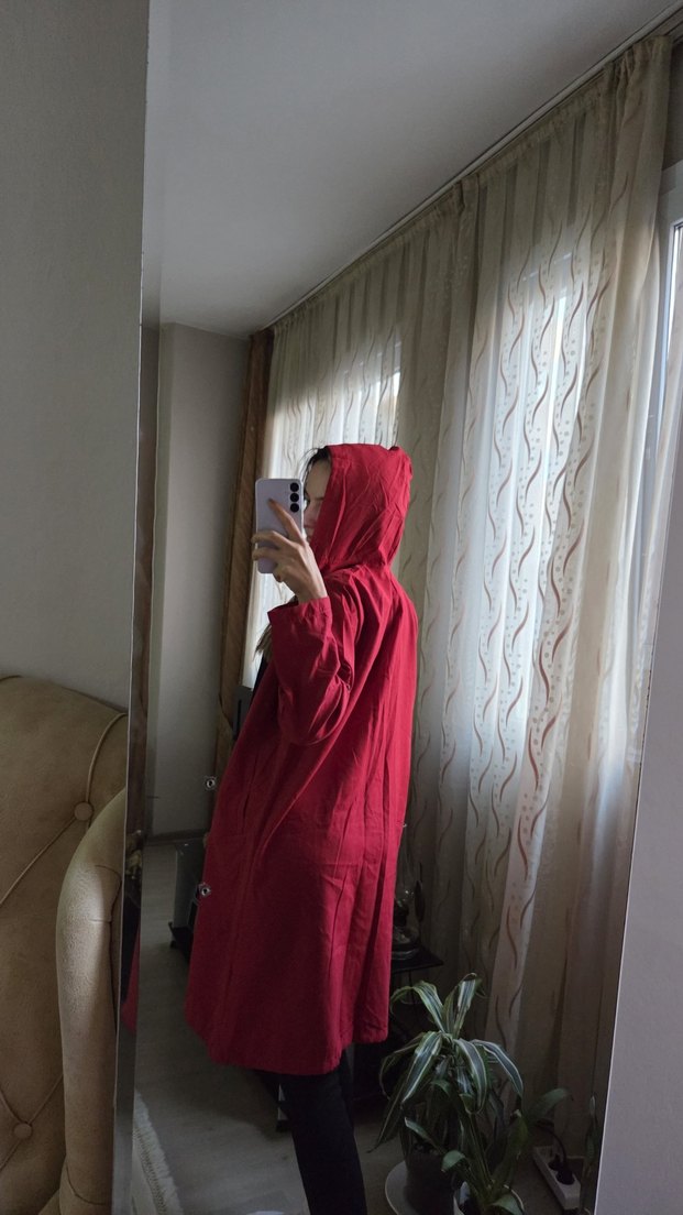 Kırmızı Midi Boy Salaş Kadın yağmurluk - Görsel 2