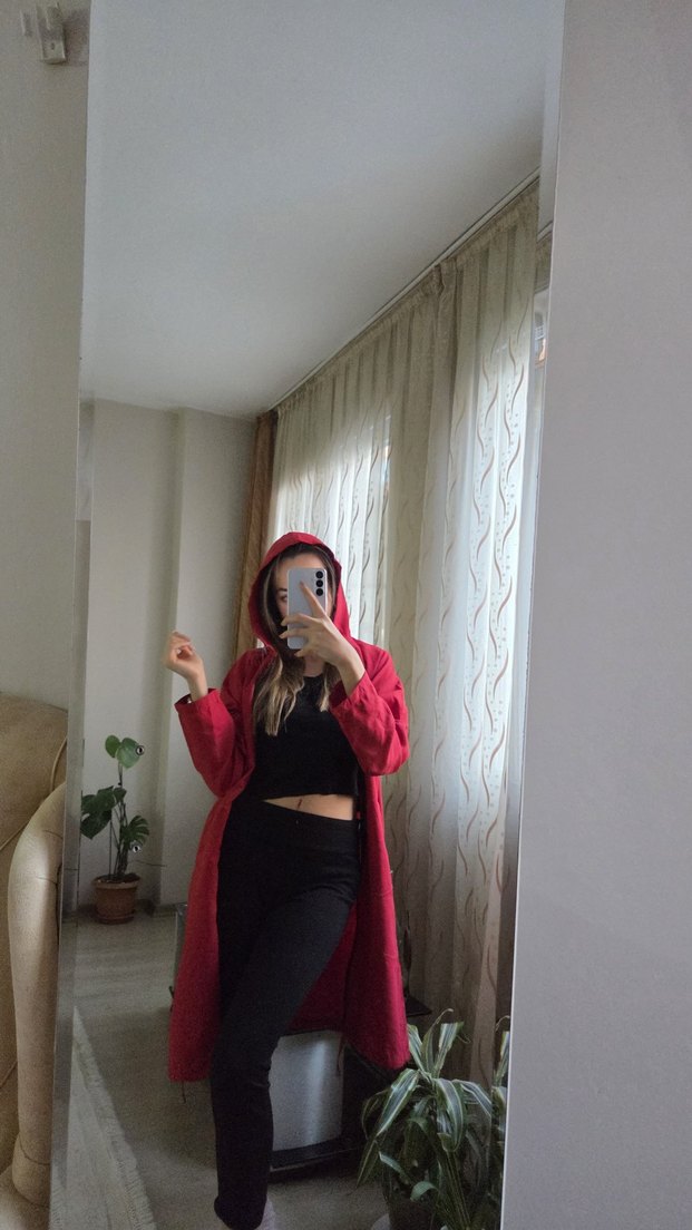 Kırmızı Midi Boy Salaş Kadın yağmurluk - Görsel 3