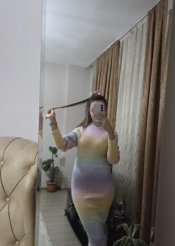 Diz Altı  Desenli Triko Elbise - Görsel 4