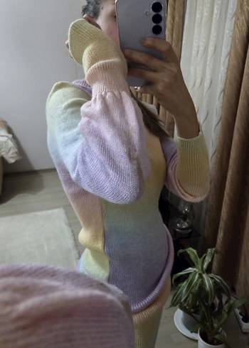 Diz Altı  Desenli Triko Elbise - Görsel 5