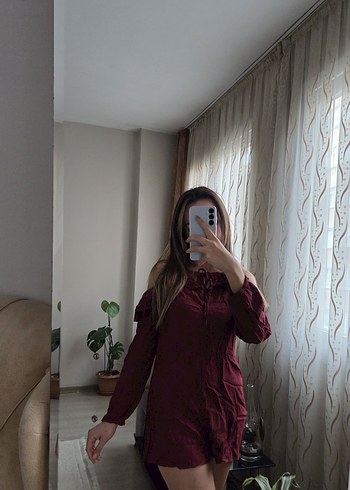 Bordo Mini Kadın Uzun Kollu tulum - Görsel 4