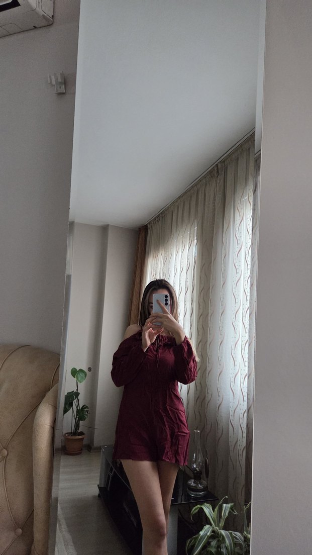 Bordo Mini Kadın Uzun Kollu tulum - Görsel 2