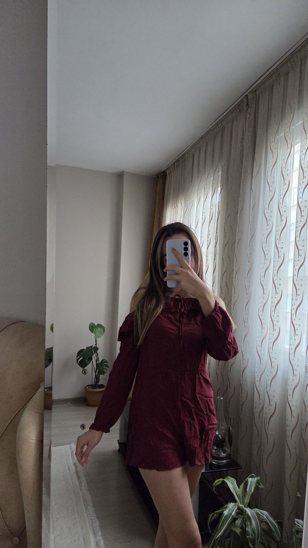 Bordo Mini Kadın Uzun Kollu tulum - Görsel 4