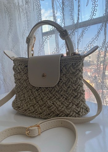 Beden altın Renk Bej Örgü Kadın Çanta