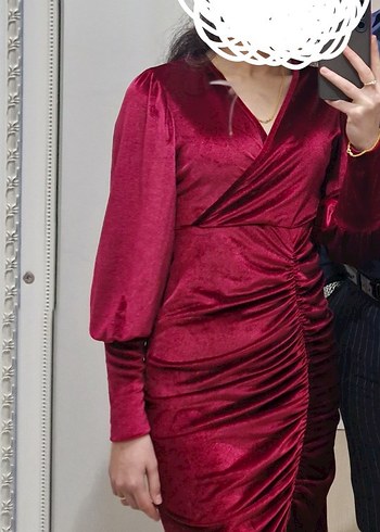 Bordo Uzun Kollu Drapeli kadife Elbise - Görsel 4