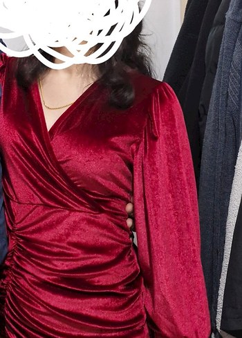 Bordo Uzun Kollu Drapeli kadife Elbise - Görsel 3