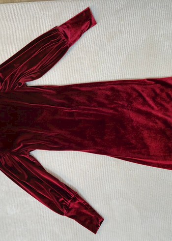 Bordo Uzun Kollu Drapeli kadife Elbise - Görsel 2