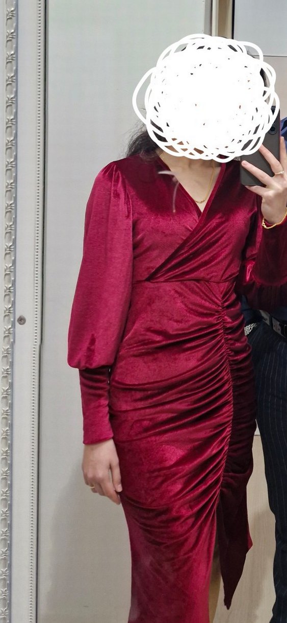 Bordo Uzun Kollu Drapeli kadife Elbise - Görsel 4