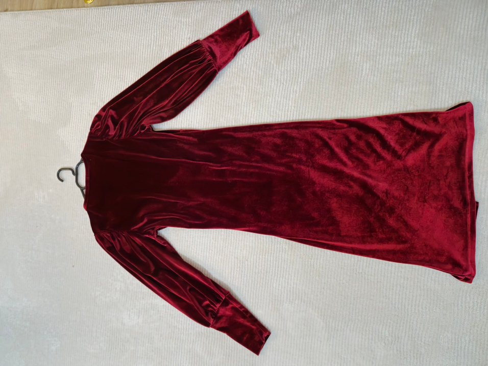 Bordo Uzun Kollu Drapeli kadife Elbise - Görsel 2