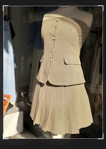 Düğmeli Straplez Vintage Mini Kadın Takım - Görsel 2