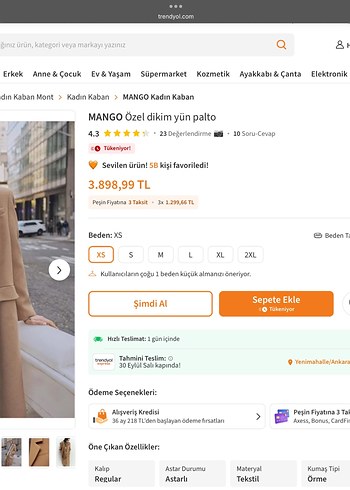 Mango Özel Dikim Yün Kaşe Palto Manto - Görsel 2