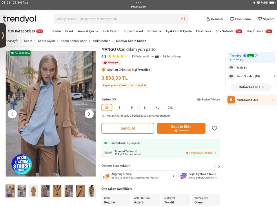 Mango Özel Dikim Yün Kaşe Palto Manto - Görsel 2