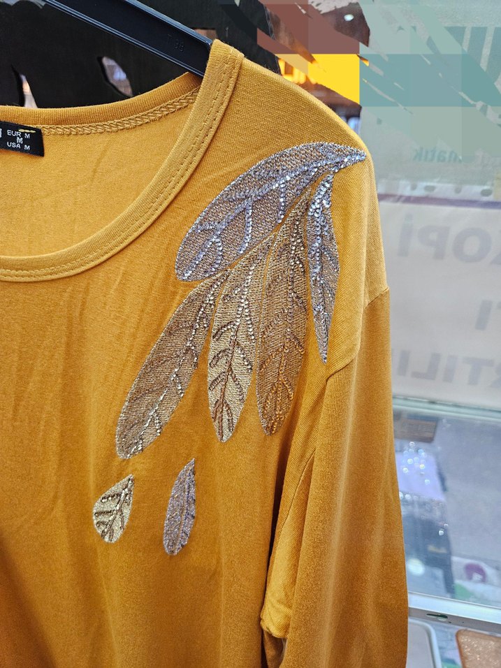 Sarı Uzun Kollu Payetli Kadın Bluz - Görsel 3