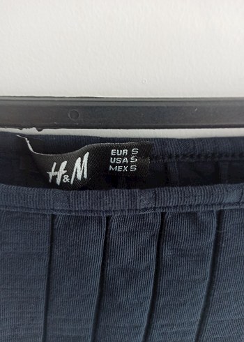 H&M Lacivert Piliseli Kısa Kollu Mini Bluz