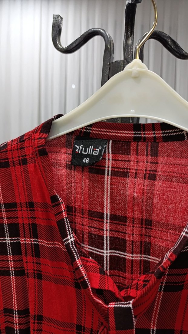 Kırmızı Kareli Uzun Kollu Salaş Kadın Gömlek - Görsel 2