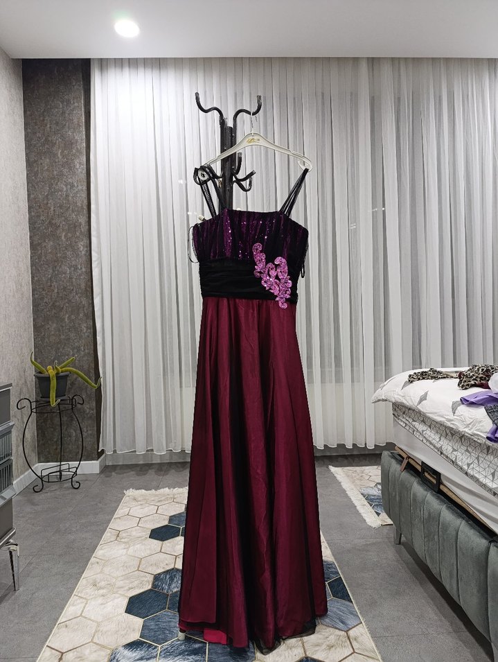 Bordo Uzun Kollu Straplez Gotik Elbise - Görsel 2