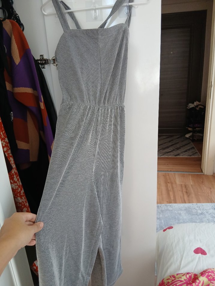 Gri İnce Askılı Uzun Kadın Tulum - Görsel 2